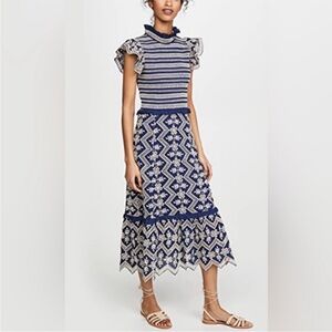 Sea New York Zippy Smocked Embroidered Midi Dress Sz 4 $398